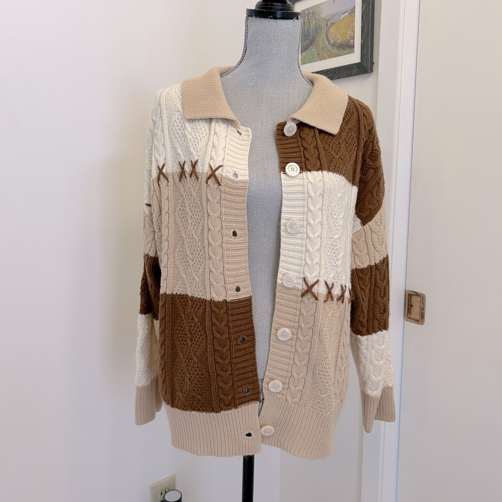 Cider Colorblock collared cable knit cardigan
